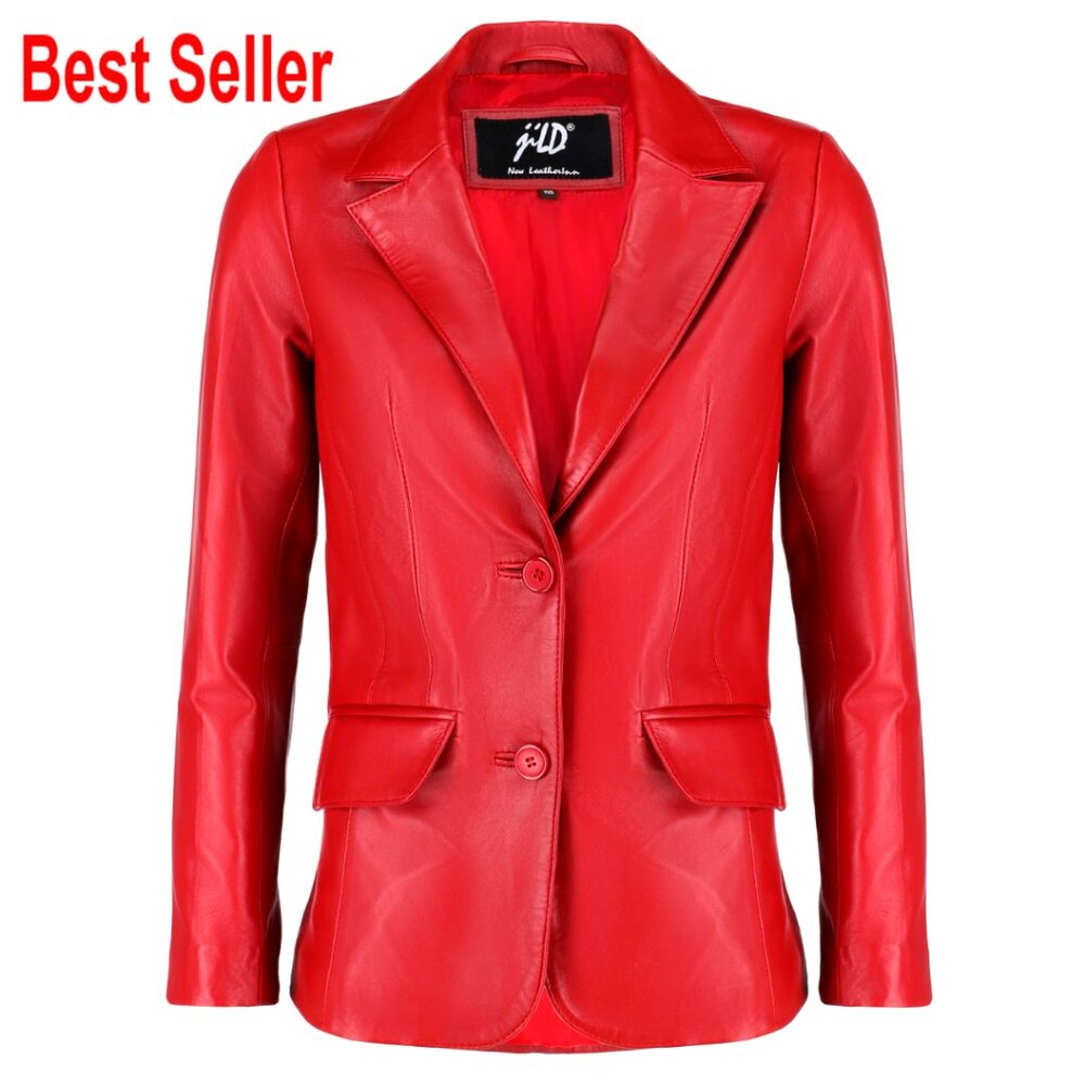 Lambskin Leather Blazer Jacket Women's Casual Coat Long Sleeves 2-Button